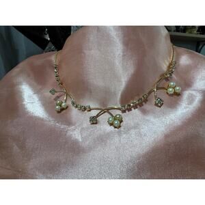 Gold tone, pearl and diamond vintage collar necklace